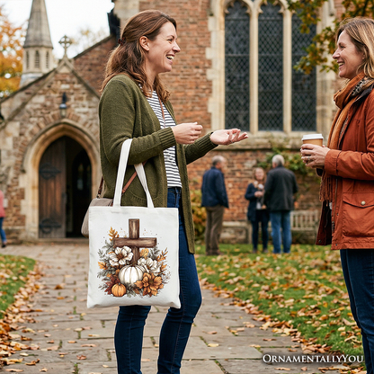 Faith Floral Pumpkin Cross Tote Bag For Fall