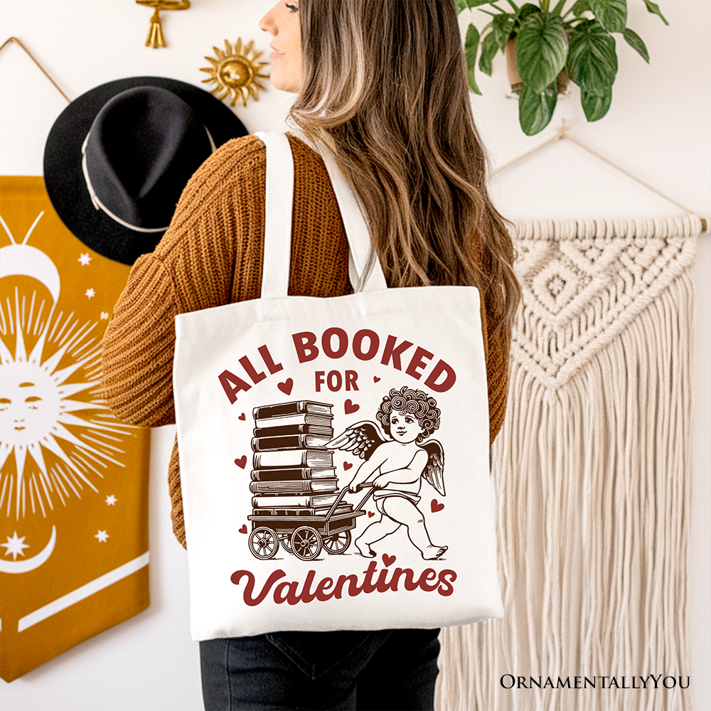 All Booked For Valentines Cupid Canvas Tote Bag, Vintage Funny Bookworm Gift