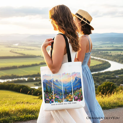 God Is Good Mountain Canvas Tote Bag and Joy