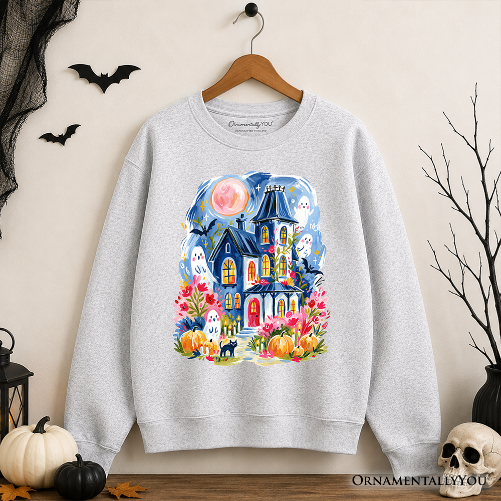 Gray watercolor haunted house sweatshirt with ghosts and pumpkins, OrnamentallyYou on Tampa Home & Garden Store