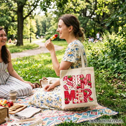 Strawberry And Faux Patchwork Canvas Tote Bag