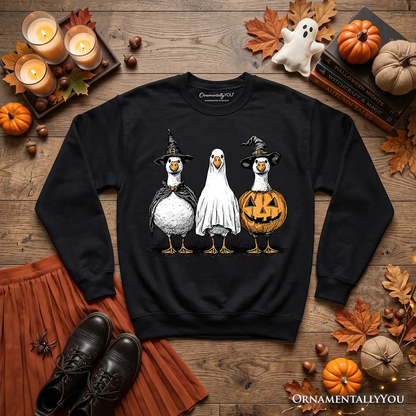 Haunting Honkers Goose Sweatshirt black by OrnamentallyYou with ghost goose and pumpkin on Tampa Home & Garden Store