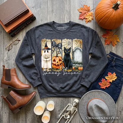 Fall Spooky Season Sweatshirt with ghost, cat and pumpkin panels by OrnamentallyYou on Tampa Home & Garden Store