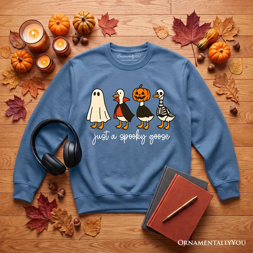 Just a Spooky Goose Sweatshirt blue Halloween geese ghost pumpkin head skeleton on Tampa Home & Garden Store
