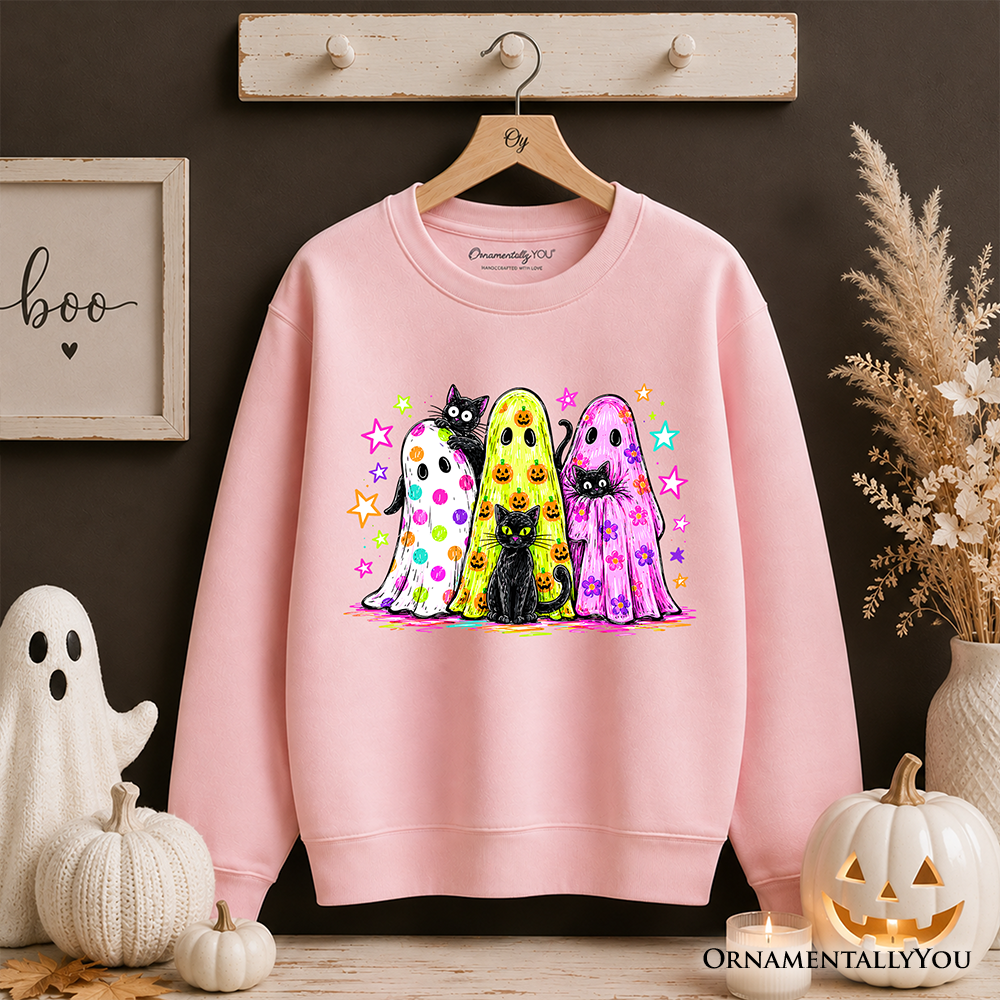 Pink OrnamentallyYou sweatshirt featuring neon colorful ghosts and black cats print on Tampa Home & Garden Store