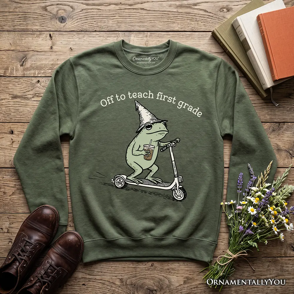 Off to Teach First Grade Frog Sweatshirt olive green with frog on scooter OrnamentallyYou on Tampa Home & Garden Store