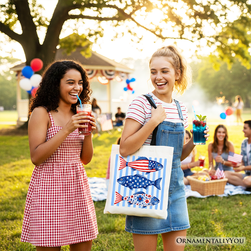 Patriotic Fish Striped Tote Bag for the Beach