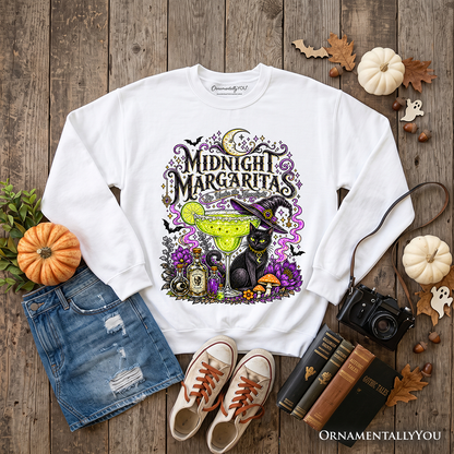 Midnight Margaritas sweatshirt with a black cat beside a lime margarita glass by OrnamentallyYou on Tampa Home & Garden Store