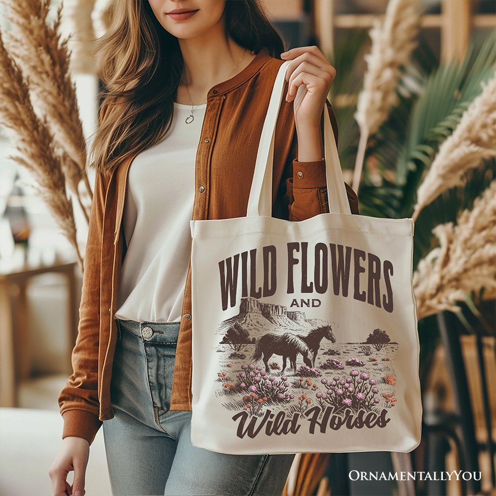 Retro Wild Flowers and Horse Canvas Tote Bag