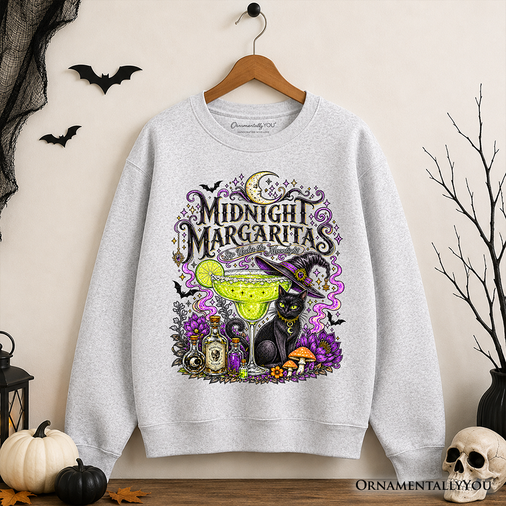 Midnight Margaritas Black Cat Halloween Sweatshirt by OrnamentallyYou, gray on Tampa Home & Garden Store