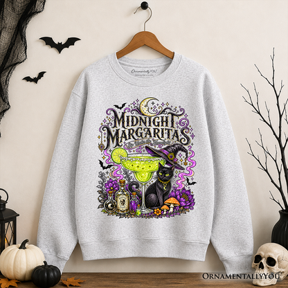 Midnight Margaritas Black Cat Halloween Sweatshirt by OrnamentallyYou, gray on Tampa Home & Garden Store