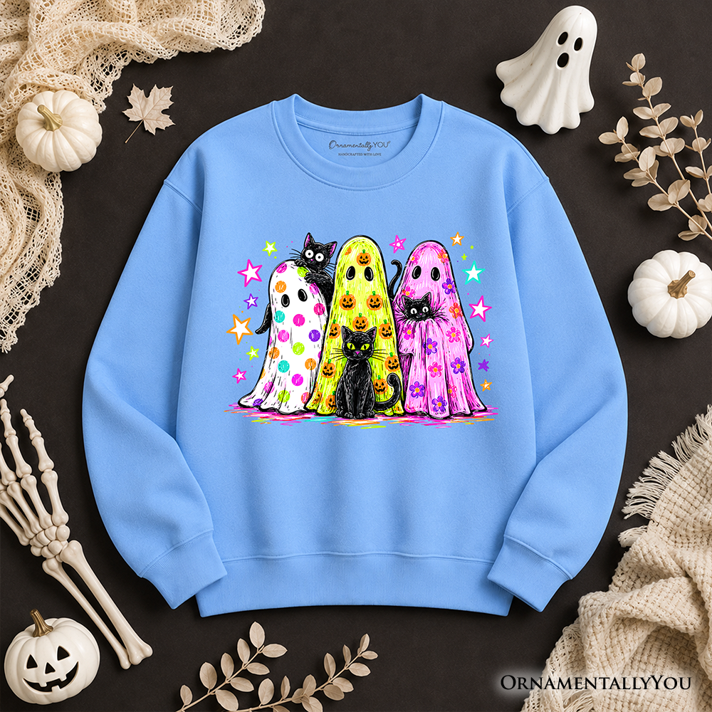 Sweatshirt Colorful ghosts and black cats neon Halloween on light blue fabric OrnamentallyYou on Tampa Home & Garden Store