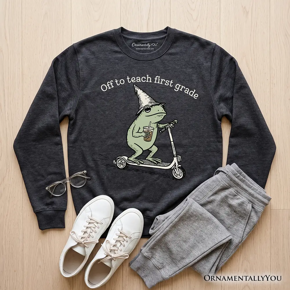Off to Teach First Grade Frog Sweatshirt with scooter graphic in charcoal by OrnamentallyYou on Tampa Home & Garden Store