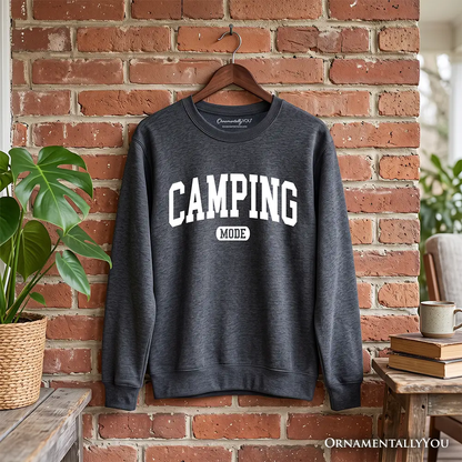Camping Mode Varsity Sweatshirt dark heather gray with white CAMPING lettering OrnamentallyYou on Tampa Home & Garden Store