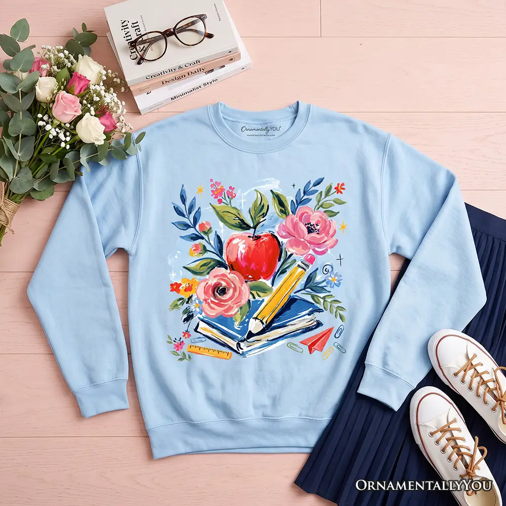 Boho Floral Teacher Sweatshirt light blue watercolor flowers apple pencils OrnamentallyYou on Tampa Home & Garden Store