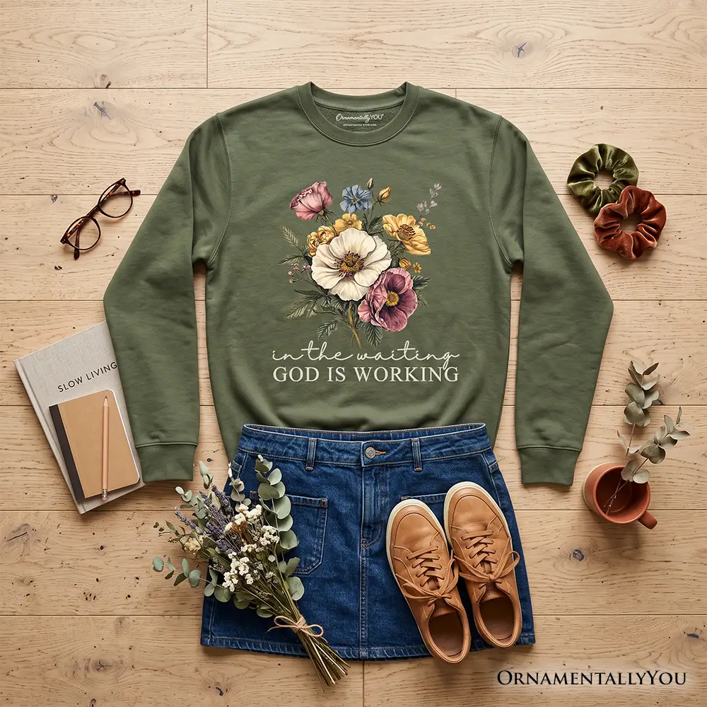 In the Waiting God Is Working Christian Sweatshirt olive green OrnamentallyYou on Tampa Home & Garden Store
