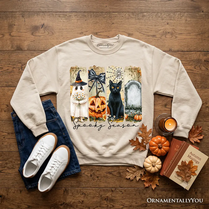 Sweatshirt beige Fall Spooky Season Brushstroke with ghost, black cat and pumpkin on Tampa Home & Garden Store