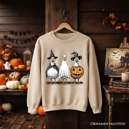 Haunting Honkers Goose Sweatshirt beige 3 Halloween geese witch ghost pumpkin by OrnamentallyYou on Tampa Home & Garden Store