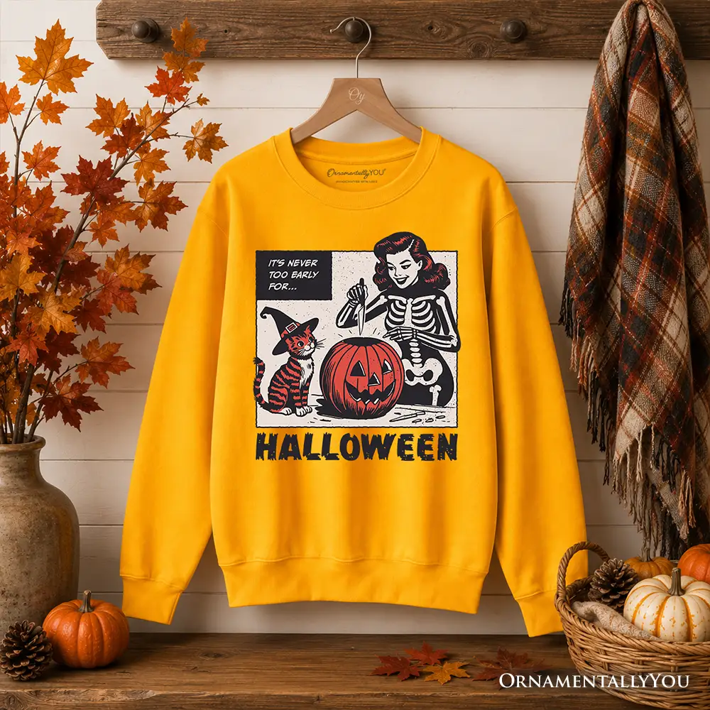 It's Never Too Early for Halloween Sweatshirt orange panel pumpkin cat skeleton design OrnamentallyYou on Tampa Home & Garden Store
