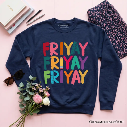 Friday Teacher Sweatshirt by OrnamentallyYou, navy with colorful Friyay graphic and rulers print on Tampa Home & Garden Store