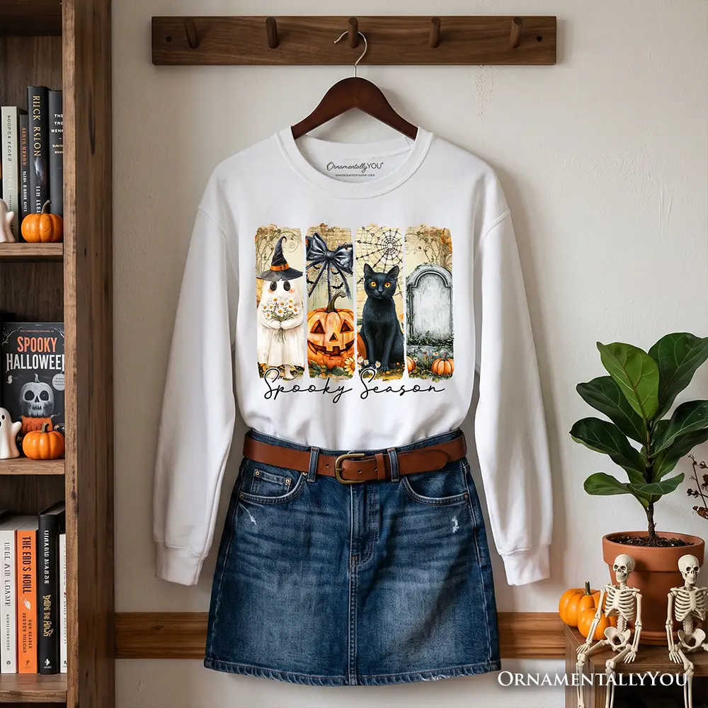 Sweatshirt white spooky brushstroke art ghost pumpkin black cat panels OrnamentallyYou on Tampa Home & Garden Store