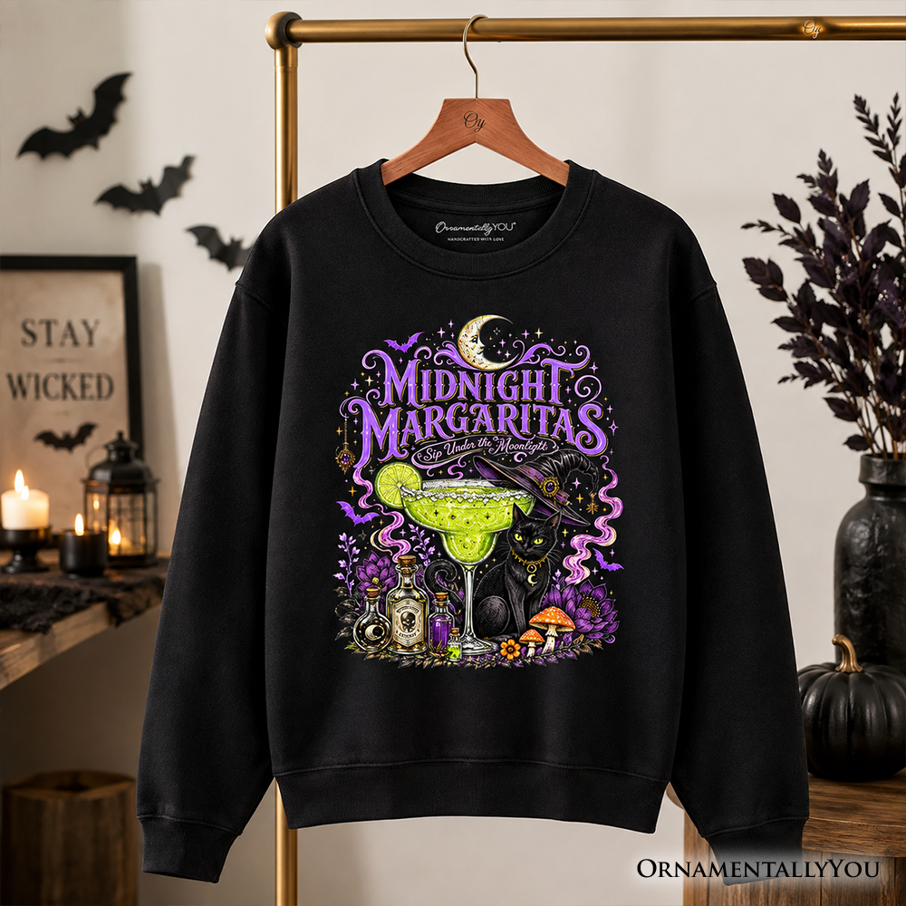 Midnight Margaritas Sweatshirt with black cat, witchy cocktail art by OrnamentallyYou on Tampa Home & Garden Store