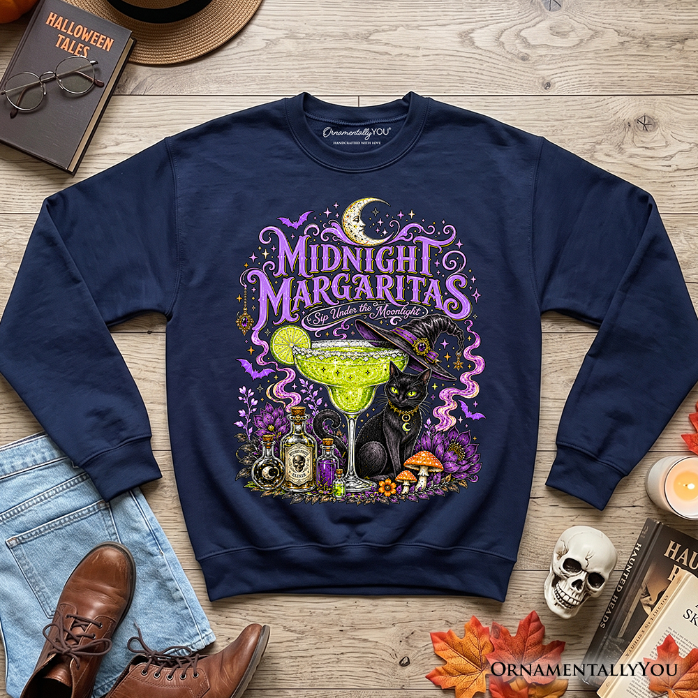 Midnight Margaritas black cat Halloween sweatshirt navy with margarita glass OrnamentallyYou on Tampa Home & Garden Store