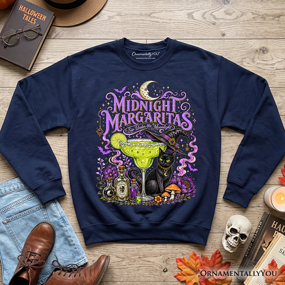 Midnight Margaritas black cat Halloween sweatshirt navy with margarita glass OrnamentallyYou on Tampa Home & Garden Store