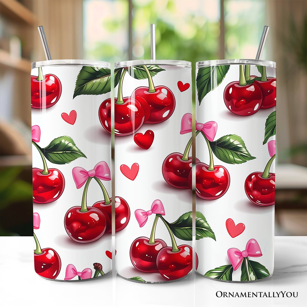 Gobelet isotherme personnalisé de 590 ml (20 oz) avec couvercle et paille en acier inoxydable, motif nœud cerise, cadeau idéal pour la Saint-Valentin.