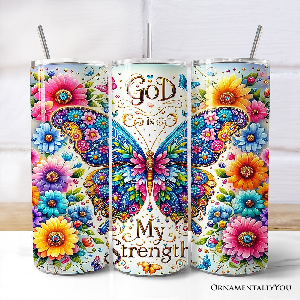Christian Butterfly Floral 20oz Personalized Tumbler With Lid and Stainless Steel Straw, God Is My Strength Gift Cup