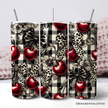 Coquette Cherries And Bows 20oz Personalized Tumbler With Lid and Stainless Steel Straw, Vintage Girly Buffalo Plaid Gift Cup