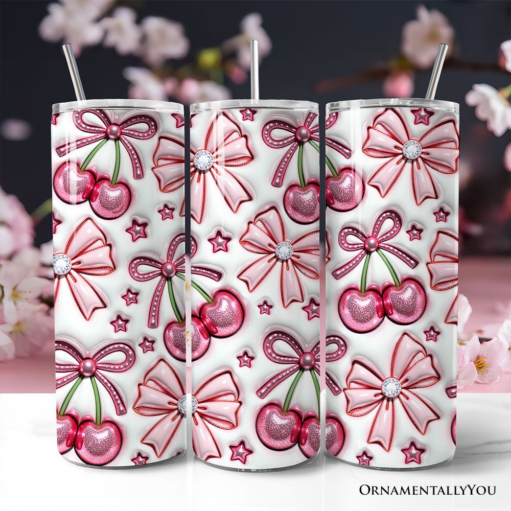 Gobelet gonflable 3D Coquette Cherry Bows avec couvercle et paille en acier inoxydable, cadeau idéal pour vos voyages printaniers à motif floral.