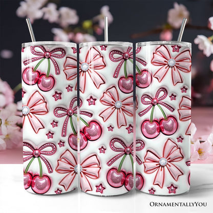 Gobelet gonflable 3D Coquette Cherry Bows avec couvercle et paille en acier inoxydable, cadeau idéal pour vos voyages printaniers à motif floral.