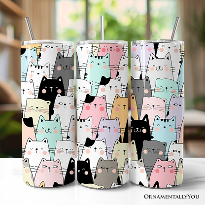Cute Cats 20oz Personalized Tumbler With Lid and Stainless Steel Straw, Cozy Cat Owner Travel Mug Gift