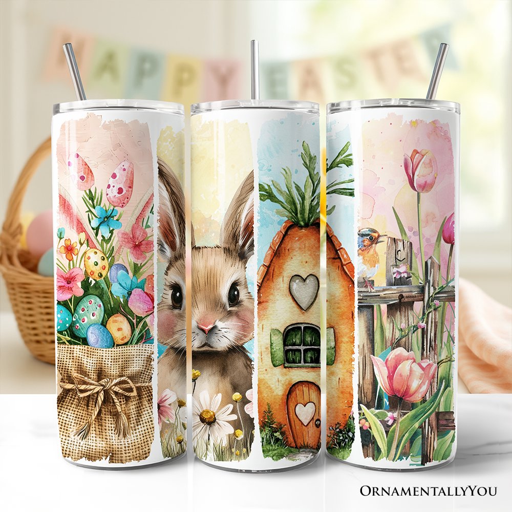 Gobelet isotherme personnalisé 590 ml (20 oz) avec couvercle et paille en acier inoxydable, motif floral et lapin de Pâques, tasse de voyage Coquette aux teintes pastel printanières (cadeau idéal)