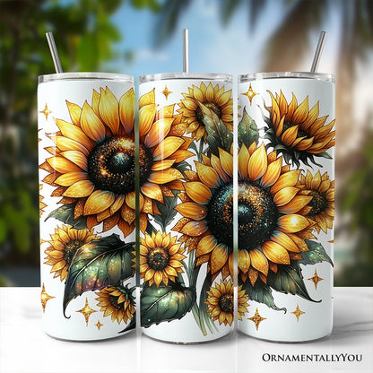 Vaso personalizado de 20 oz con estampado de girasol brillante, tapa y pajita de acero inoxidable, regalo de taza de viaje con flores de verano amarillas.