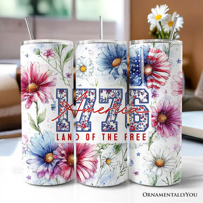 Retro America 1776 Daisy Flower 20oz Personalized Tumbler With Lid and Stainless Steel Straw, Land of the Free Patriotic Gift Cup