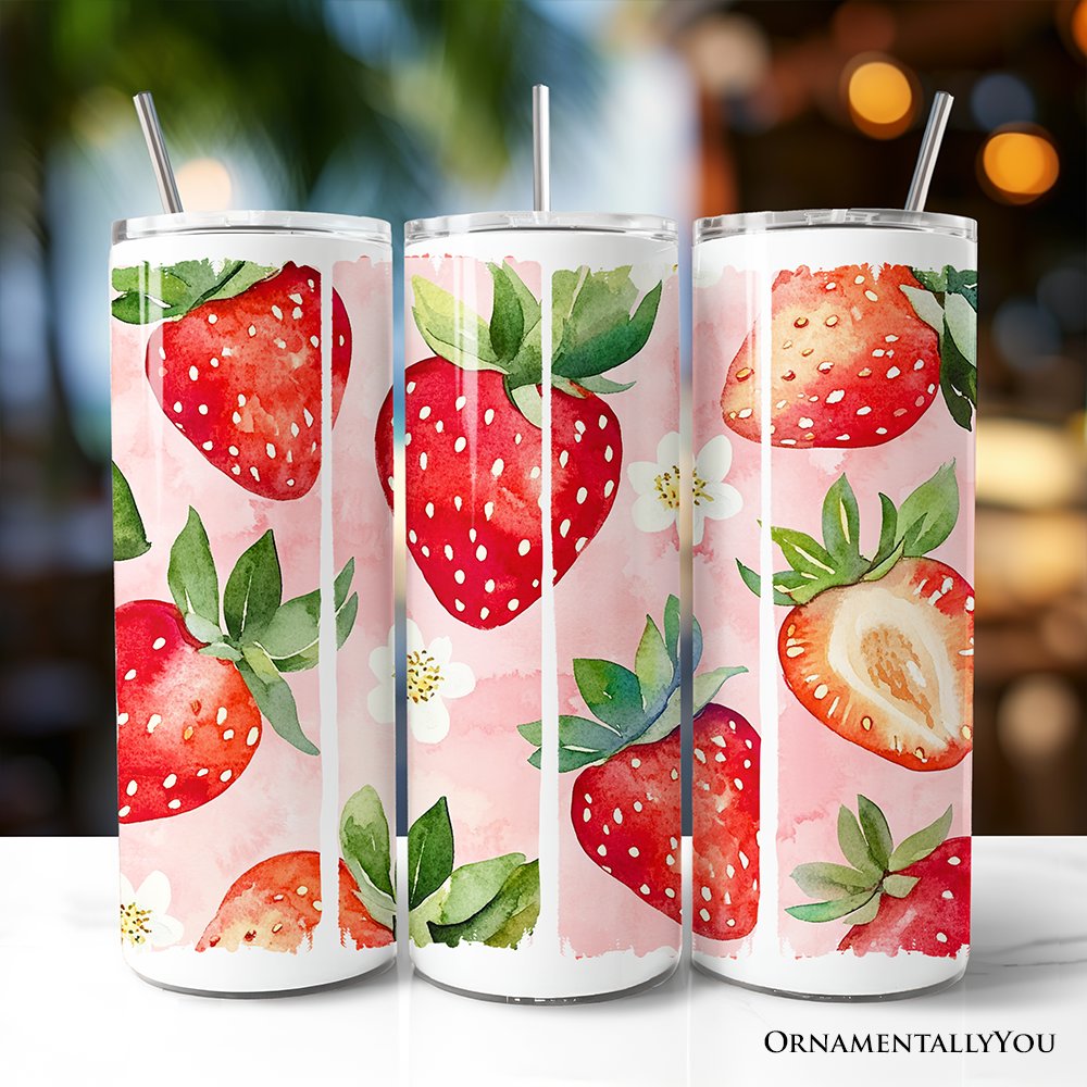 Gobelet isotherme personnalisé de 590 ml (20 oz) à motif fraise, avec couvercle et paille en acier inoxydable, cadeau idéal pour les voyages en été, rose girly.