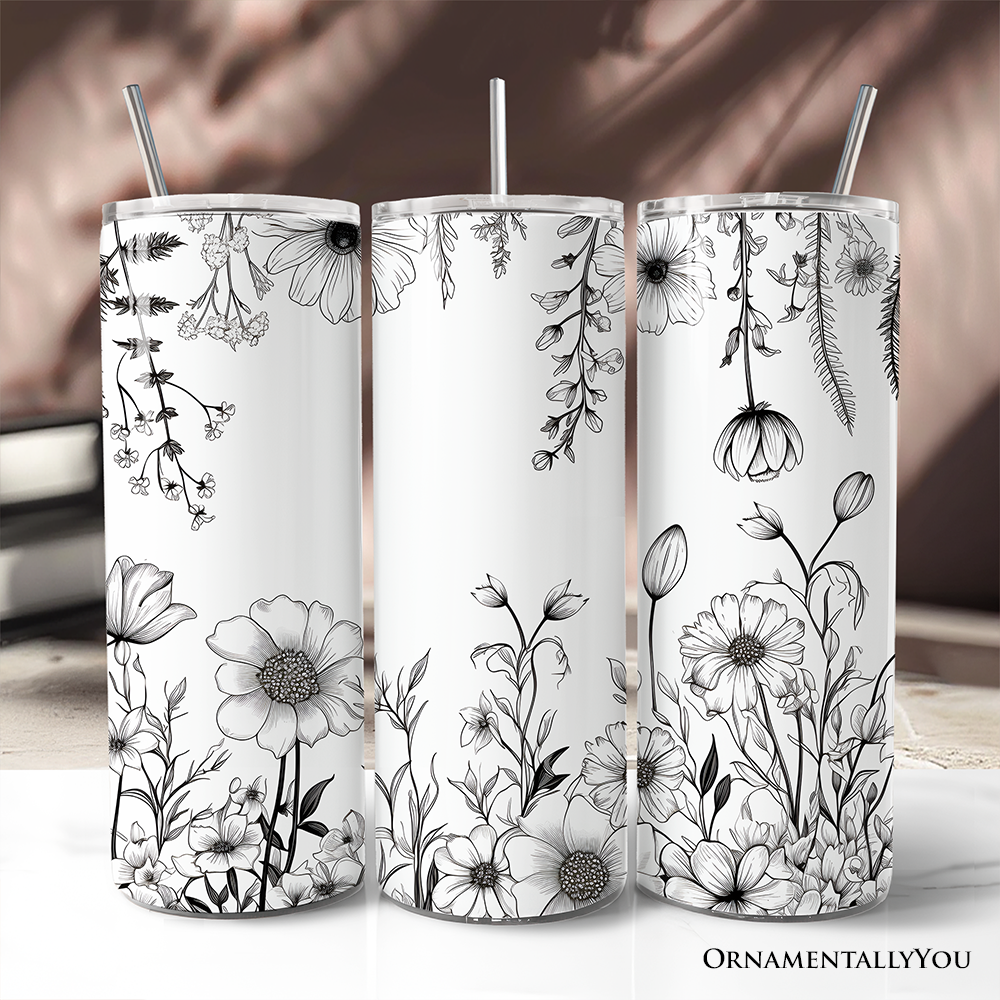 White and Black Wild Flowers Tumbler With Lid and Stainless Steel Straw, Beautiful Spring Travel Mug Gift