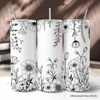 White and Black Wild Flowers Tumbler With Lid and Stainless Steel Straw, Beautiful Spring Travel Mug Gift