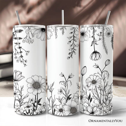 Gobelet isotherme à motif fleurs sauvages blanches et noires avec couvercle et paille en acier inoxydable, un magnifique cadeau de voyage printanier