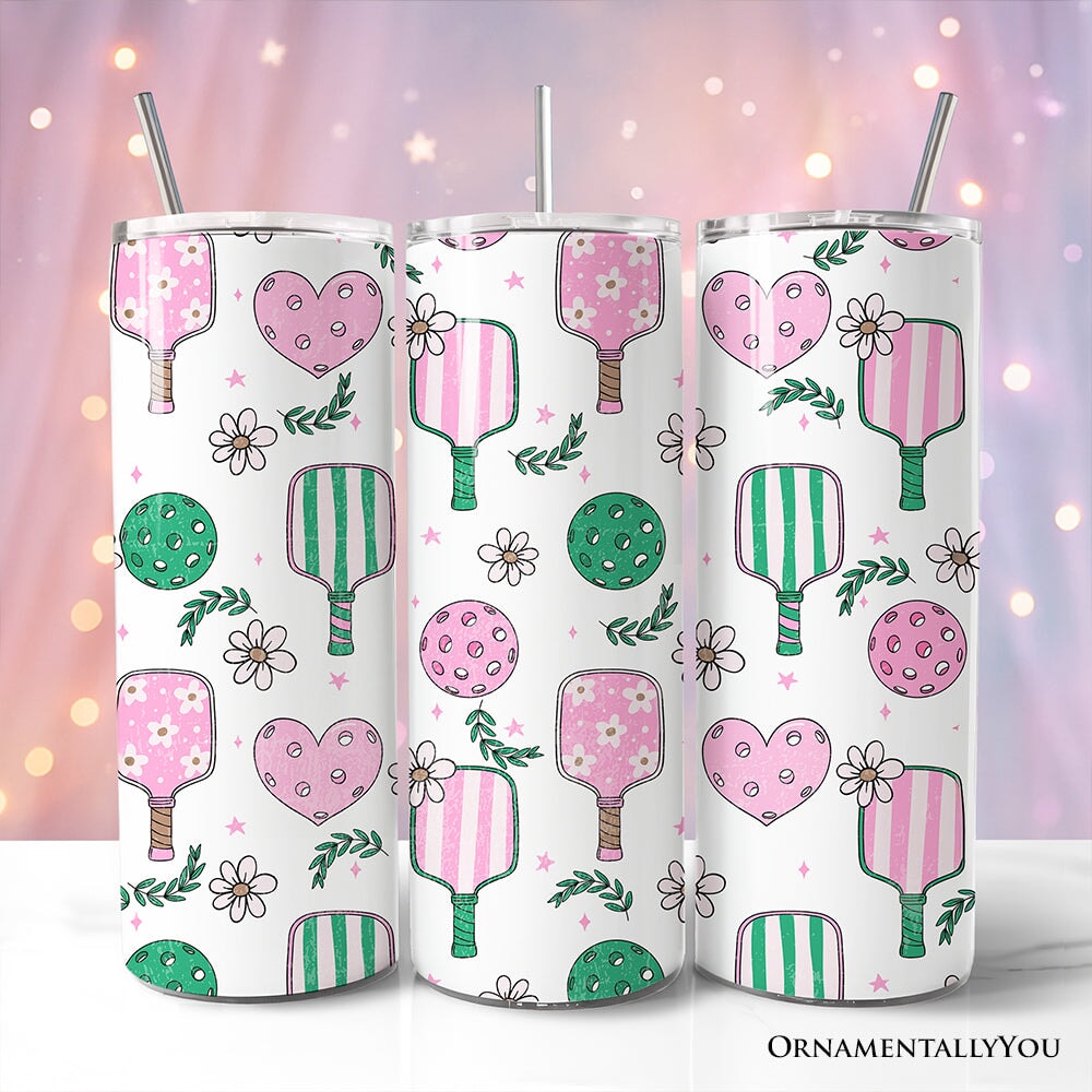 Sporty Coquette Pink Retro Pickleball 20oz Personalized Tumbler With Lid and Stainless Steel Straw, Valentine Travel Mug Gift