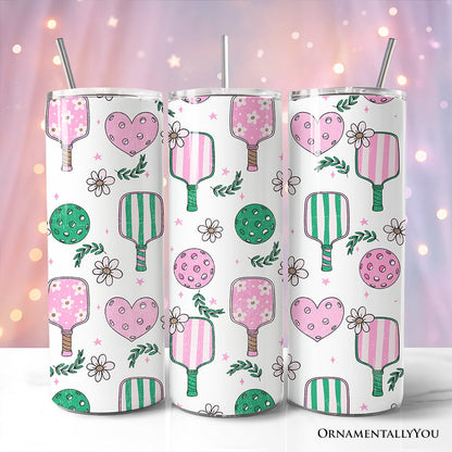 Sporty Coquette Pink Retro Pickleball 20oz Personalized Tumbler With Lid and Stainless Steel Straw, Valentine Travel Mug Gift