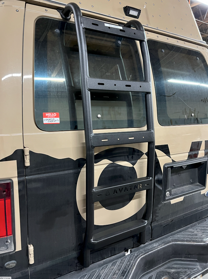 Ford E-Series rear ladder by Avatar Offroad, black steel ladder mounted on tan van on Tampa Home & Garden Store