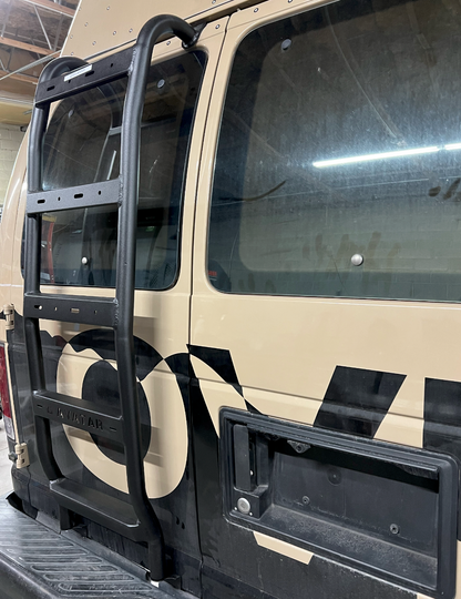 Ford E-Series Rear Ladder by Avatar Offroad, black steel ladder with curved rails on tan van on Tampa Home & Garden Store