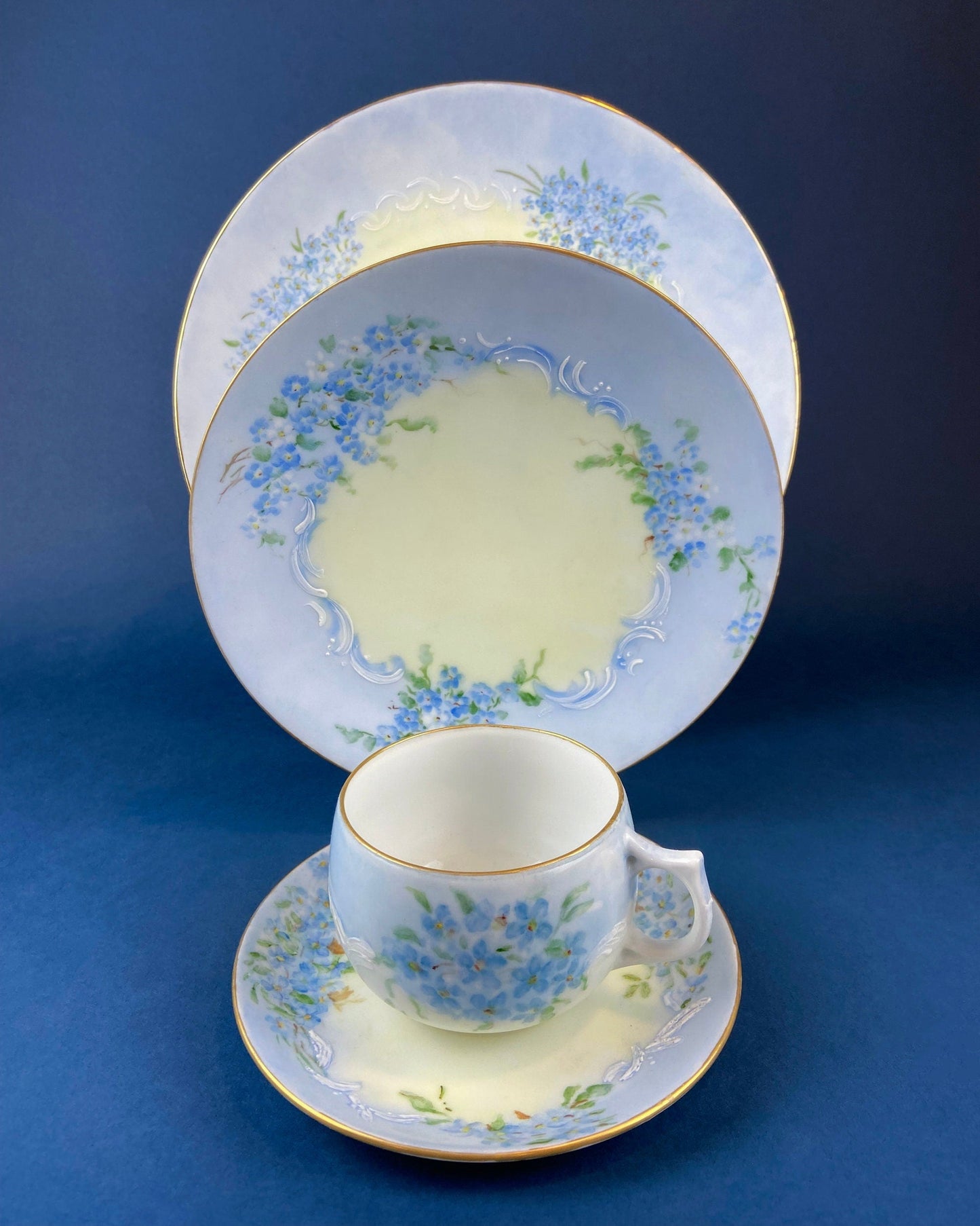 Forget me Not Set of Cup, Saucer, Dessert or Salad Plates, and Dinner Plates. Antique Hand Painted Porcelain Dishes. Breakfast Set. - Tampa Home & Garden Store