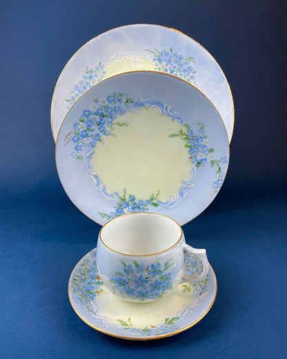 Forget me Not Set of Cup, Saucer, Dessert or Salad Plates, and Dinner Plates. Antique Hand Painted Porcelain Dishes. Breakfast Set. - Tampa Home & Garden Store