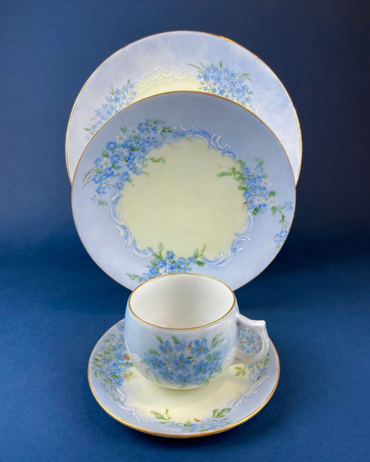 Forget me Not Set of Cup, Saucer, Dessert or Salad Plates, and Dinner Plates. Antique Hand Painted Porcelain Dishes. Breakfast Set. - Tampa Home & Garden Store