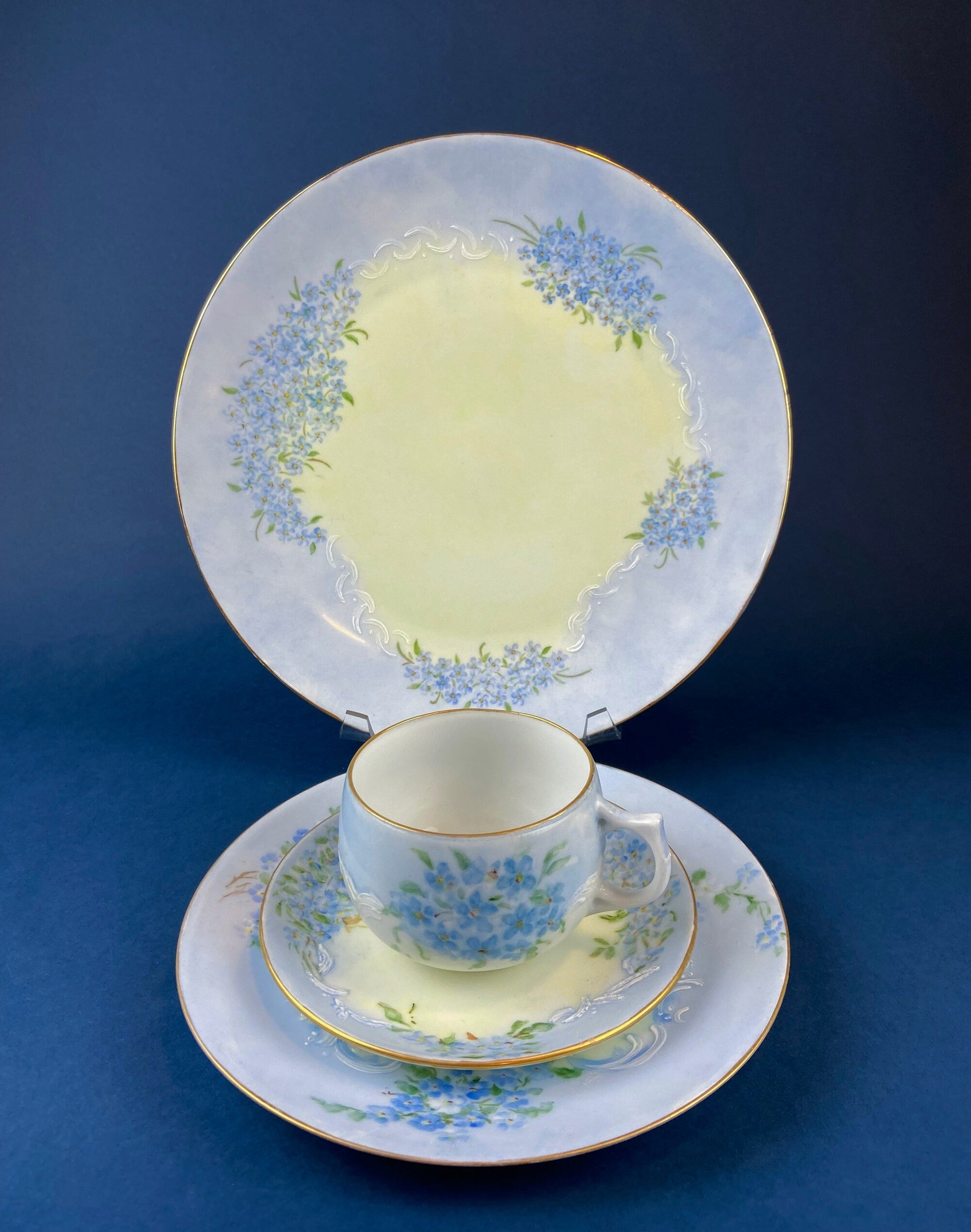 Forget me Not Set of Cup, Saucer, Dessert or Salad Plates, and Dinner Plates. Antique Hand Painted Porcelain Dishes. Breakfast Set. - Tampa Home & Garden Store