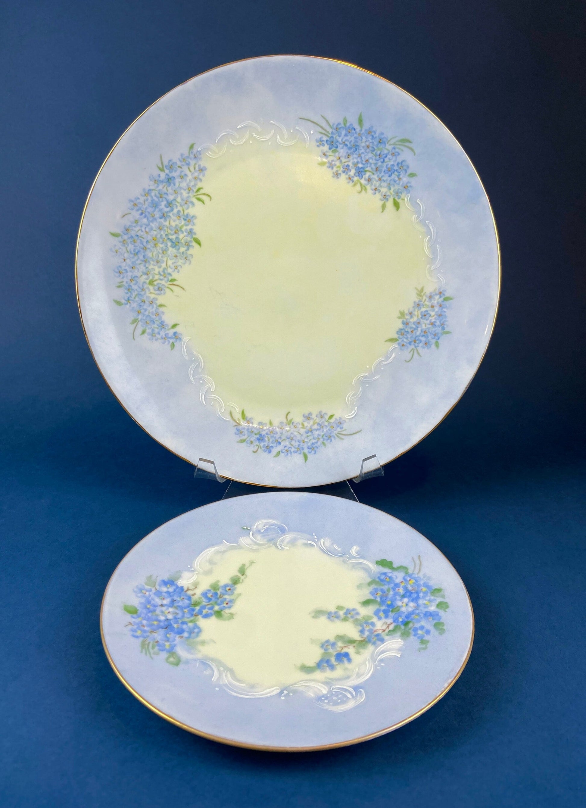 Forget me Not Set of Cup, Saucer, Dessert or Salad Plates, and Dinner Plates. Antique Hand Painted Porcelain Dishes. Breakfast Set. - Tampa Home & Garden Store